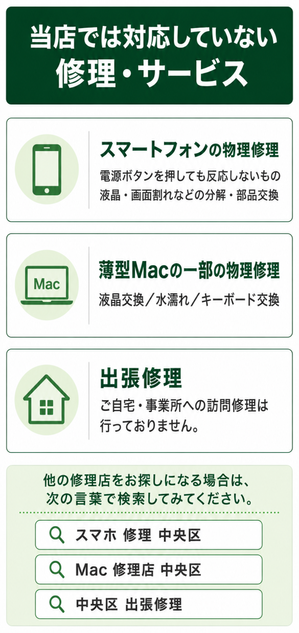 修理できない画像の画像です。当店では対応していない修理・サービス:スマートフォンの物理修理(電源ボタンを押しても反応しないもの、液晶・画面割れなどの分解・部品交換)、薄型Macの一部の物理修理(液晶交換、水濡れ、キーボード交換)、出張修理(ご自宅・事業所への訪問修理)。他の修理店をお探しになる場合は、「スマホ 修理 中央区」「Mac 修理店 中央区」「中央区 出張修理」などの言葉で検索してみてください。